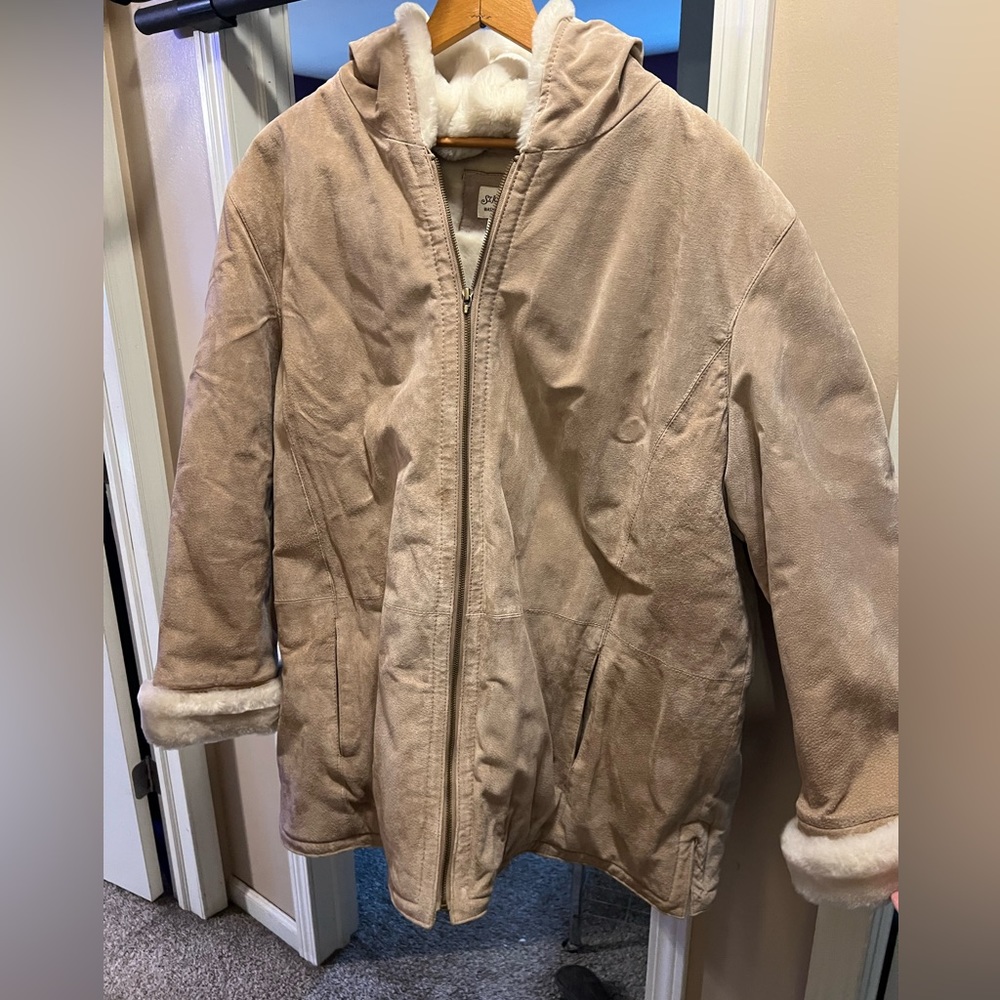 St John’s Bay washable suede zip-up coat with hood. 3x